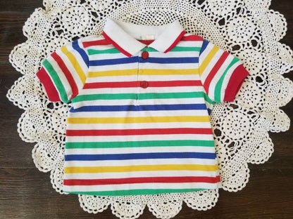 SALE Vintage shirt, baby infant boy girl gender neutral stripes collar short sleeves knit 70s 80s blue green red yellow white snap buttons