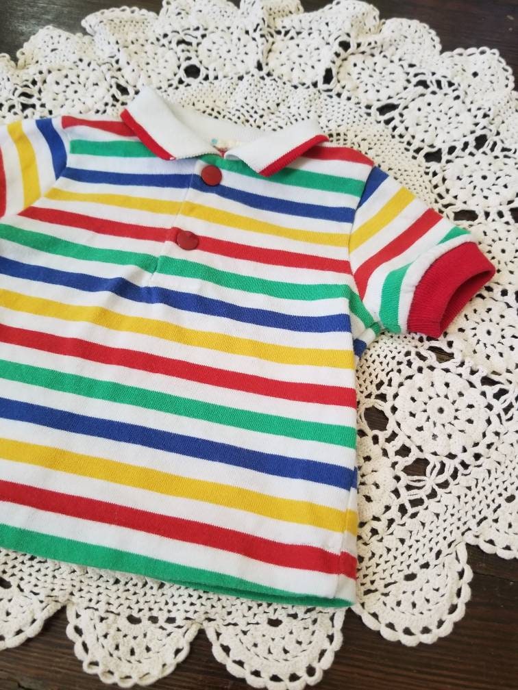 SALE Vintage shirt, baby infant boy girl gender neutral stripes collar short sleeves knit 70s 80s blue green red yellow white snap buttons