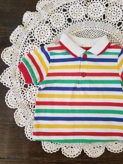 SALE Vintage shirt, baby infant boy girl gender neutral stripes collar short sleeves knit 70s 80s blue green red yellow white snap buttons