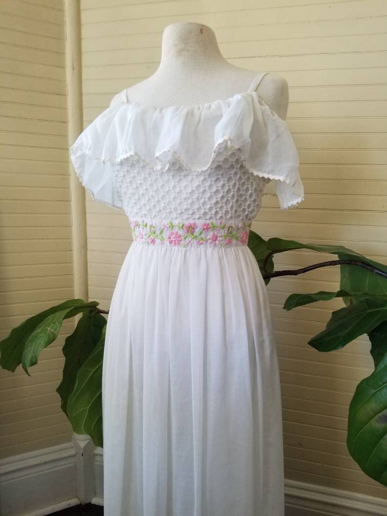 Vintage dress white tiered 70s embroidered floral peasant ruffle ankle length maxi long off the shoulder spaghetti straps rickrack bohemian