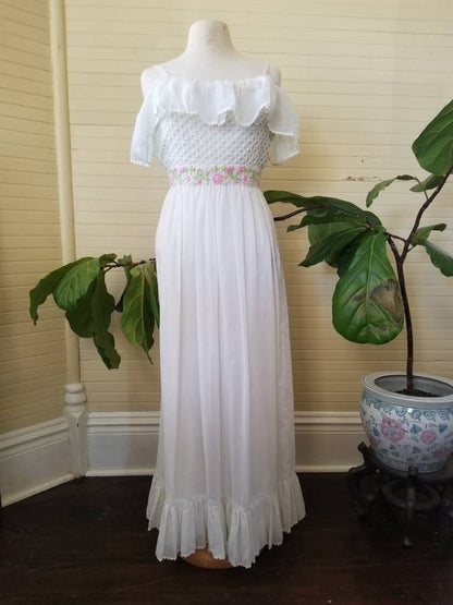 Vintage dress white tiered 70s embroidered floral peasant ruffle ankle length maxi long off the shoulder spaghetti straps rickrack bohemian