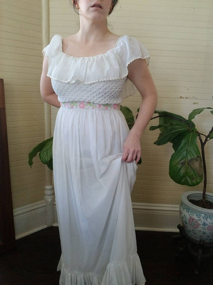 Vintage dress white tiered 70s embroidered floral peasant ruffle ankle length maxi long off the shoulder spaghetti straps rickrack bohemian