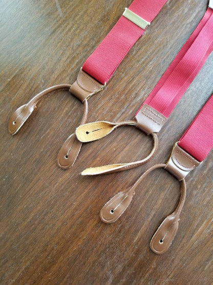Vintage suspenders, red button hole elastic adjustable gentleman fancy dressy gold tone brown leather loops classy stylish y back one size