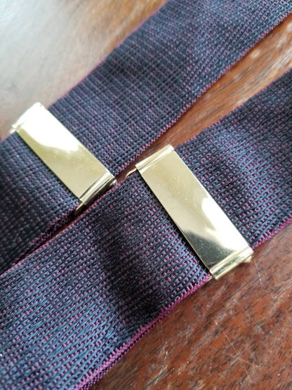 Vintage suspenders, maroon one size buttonhole leather loops Y back black leather gold tone NOS unused classy fancy dressy gentleman elastic