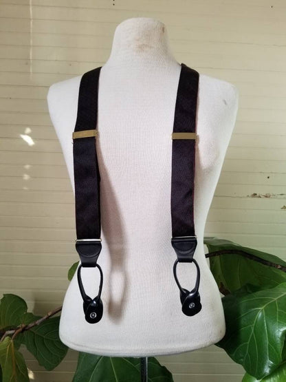 Vintage suspenders, maroon one size buttonhole leather loops Y back black leather gold tone NOS unused classy fancy dressy gentleman elastic