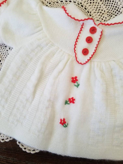 SALE Vintage sweater, 3 months baby infant girl short sleeves knit white red embroidered floral 70s 80s scallop trim buttons warm cosy pullover