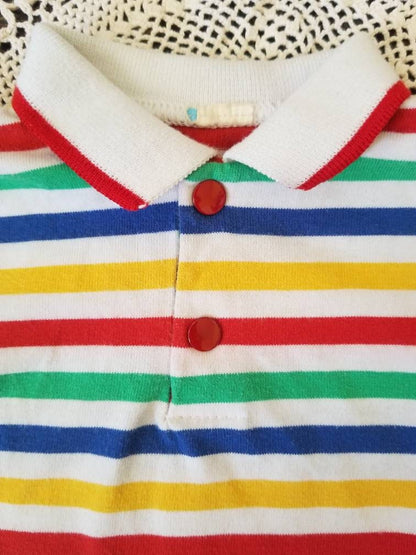 SALE Vintage shirt, baby infant boy girl gender neutral stripes collar short sleeves knit 70s 80s blue green red yellow white snap buttons