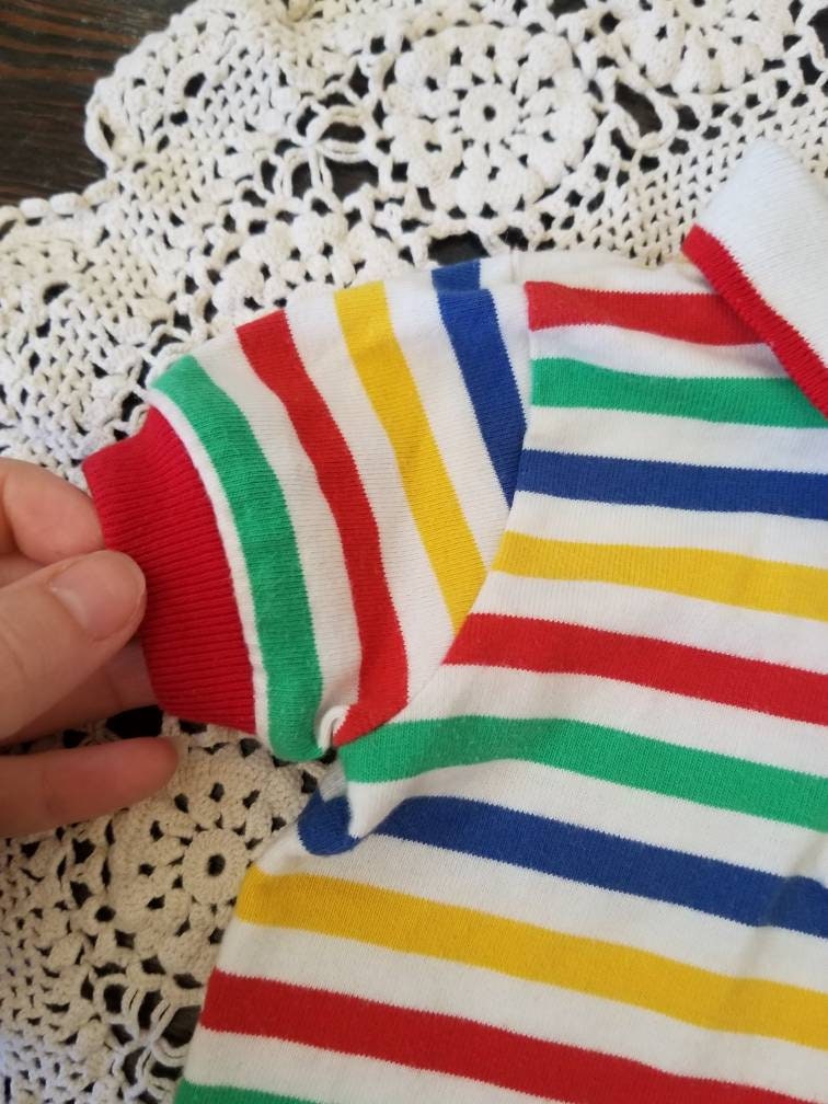 SALE Vintage shirt, baby infant boy girl gender neutral stripes collar short sleeves knit 70s 80s blue green red yellow white snap buttons