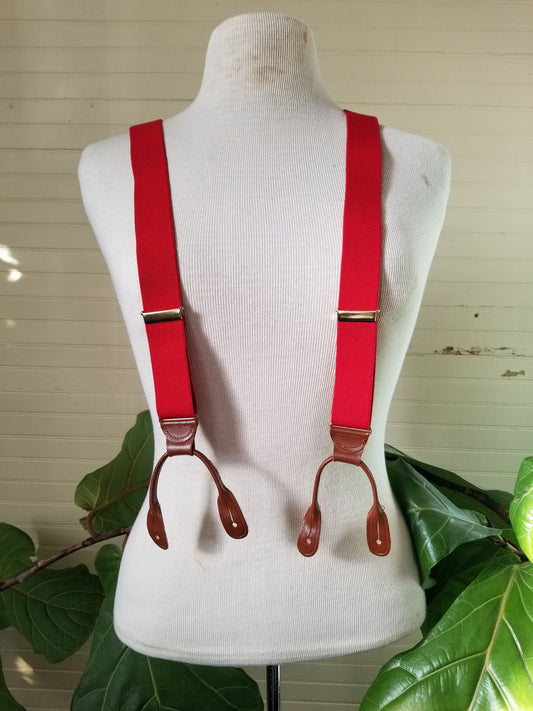 Vintage suspenders, red button hole elastic adjustable gentleman fancy dressy gold tone brown leather loops classy stylish y back one size