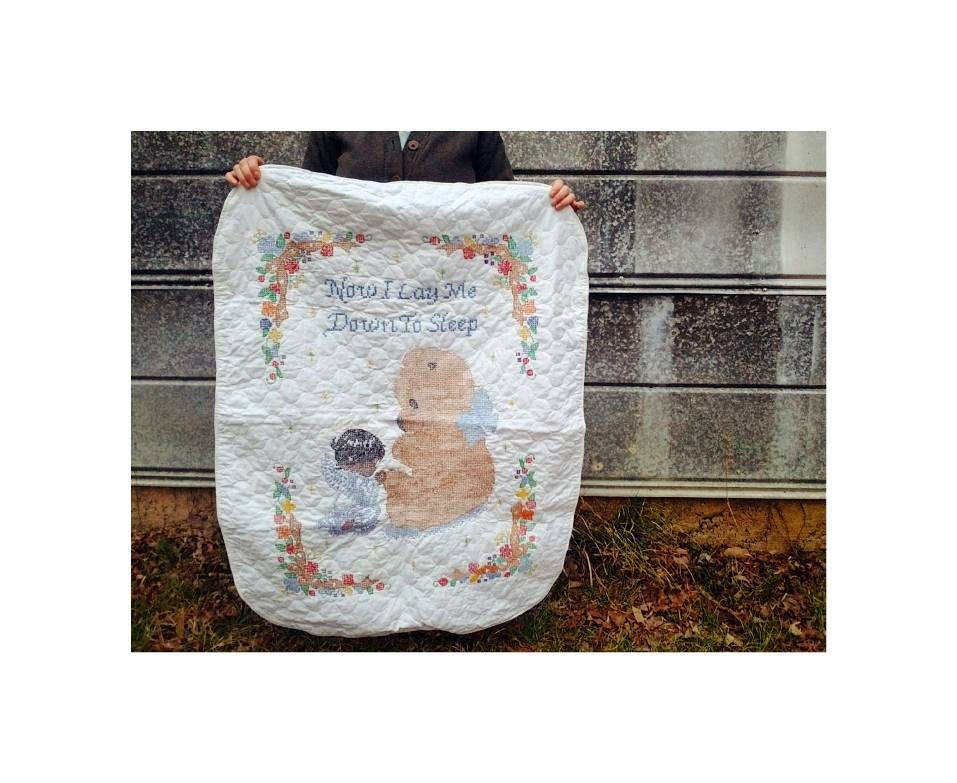 Vintage blanket, baby handmade embroidered cross stitch nursery newborn infant gift boy girl gender neutral Precious Moments floral quilted