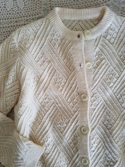 Vintage cardigan, knit cream long sleeves sweater button up crew neck stripes gender neutral adult acrylic 60s 70s men women geometric