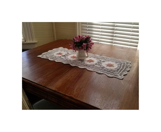 Vintage table runner, crochet floral embroidered white scallops rectangle table topper granny chic grandmillennial Victorian cottagecore