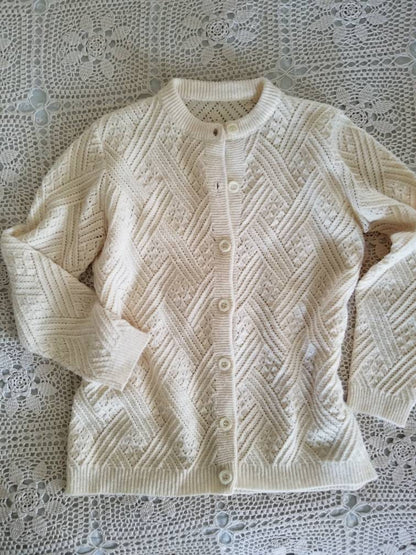 Vintage cardigan, knit cream long sleeves sweater button up crew neck stripes gender neutral adult acrylic 60s 70s men women geometric