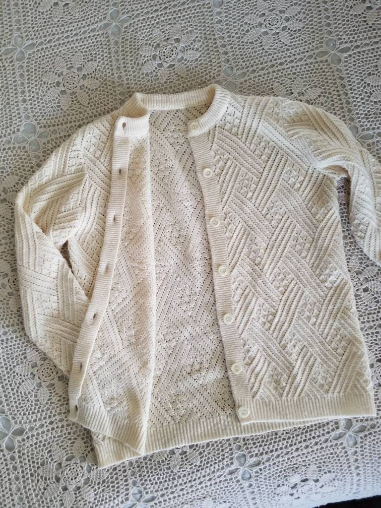 Vintage cardigan, knit cream long sleeves sweater button up crew neck stripes gender neutral adult acrylic 60s 70s men women geometric