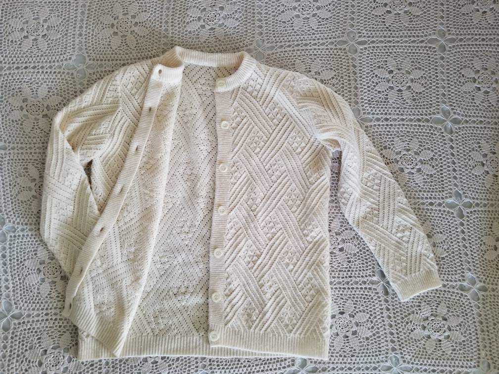 Vintage cardigan, knit cream long sleeves sweater button up crew neck stripes gender neutral adult acrylic 60s 70s men women geometric