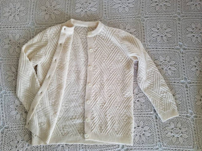 Vintage cardigan, knit cream long sleeves sweater button up crew neck stripes gender neutral adult acrylic 60s 70s men women geometric