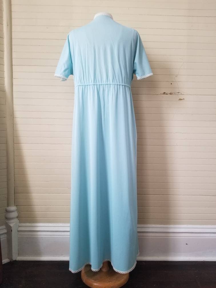 Vintage peignoir set, teal 34 Vanity Fair nightgown robe matching sleeveless long maxi lingerie 70s lace boudoir button up v neckline