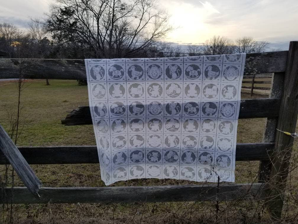 Vintage lace tablecloth, white child patchwork squares animal train clown balloons tea party birthday baby shower mouse bear cat duck horse