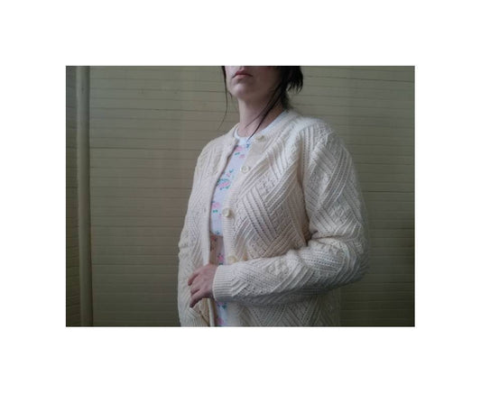 Vintage cardigan, knit cream long sleeves sweater button up crew neck stripes gender neutral adult acrylic 60s 70s men women geometric