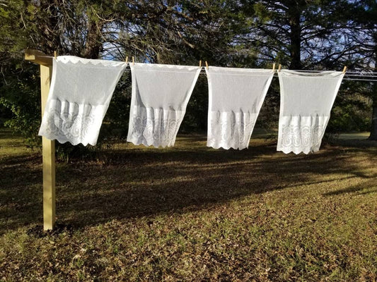 Vintage curtains, set of 4 white lace bows paisley half cafe cottagecore Victorian granny chic grandmillennial country farmhouse shabby chic