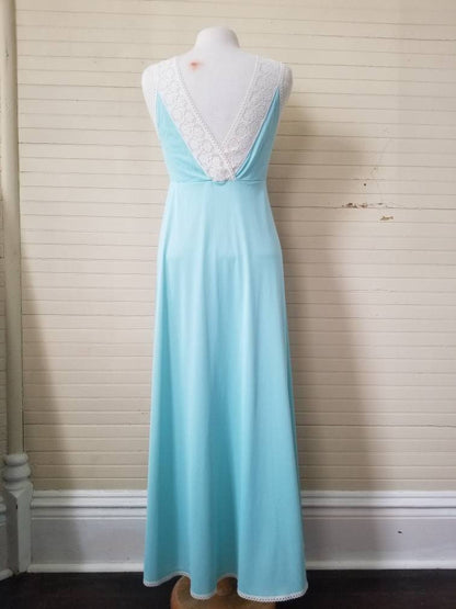 Vintage peignoir set, teal 34 Vanity Fair nightgown robe matching sleeveless long maxi lingerie 70s lace boudoir button up v neckline