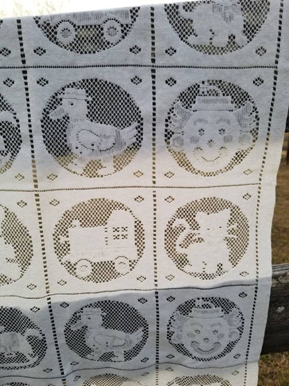 Vintage lace tablecloth, white child patchwork squares animal train clown balloons tea party birthday baby shower mouse bear cat duck horse