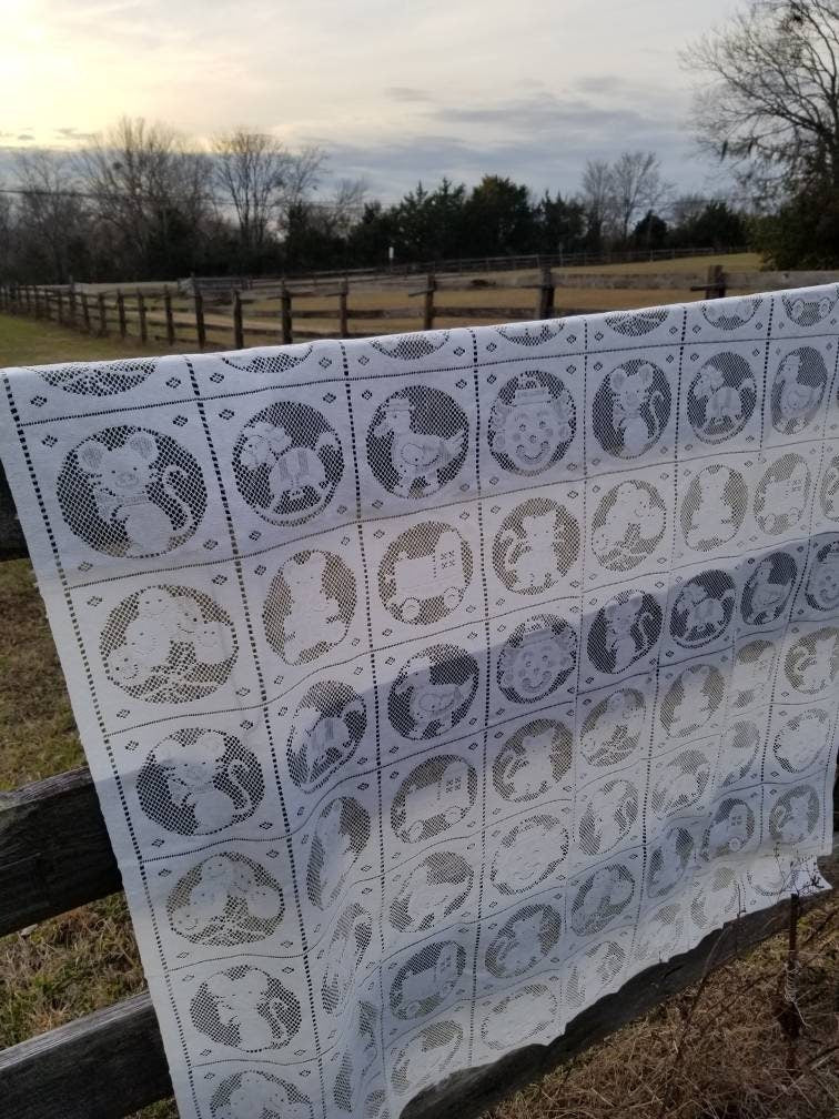 Vintage lace tablecloth, white child patchwork squares animal train clown balloons tea party birthday baby shower mouse bear cat duck horse