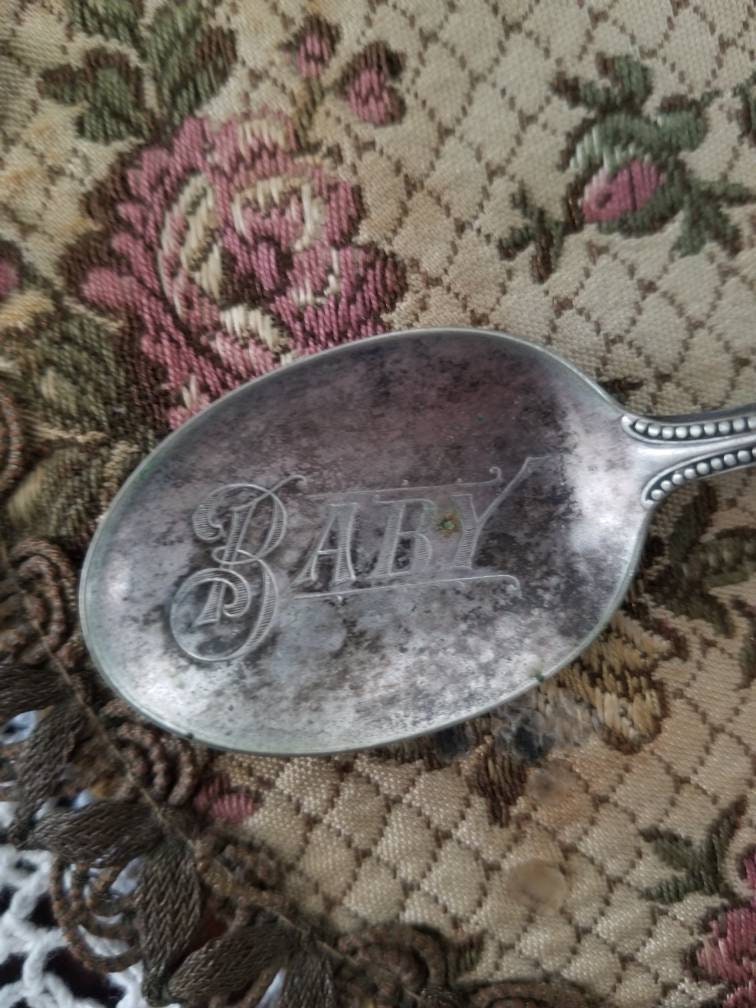 Vintage baby spoon, silver plate engraved patina infant toddler child loop curved handle shower gift birthday baby announcement keepsake