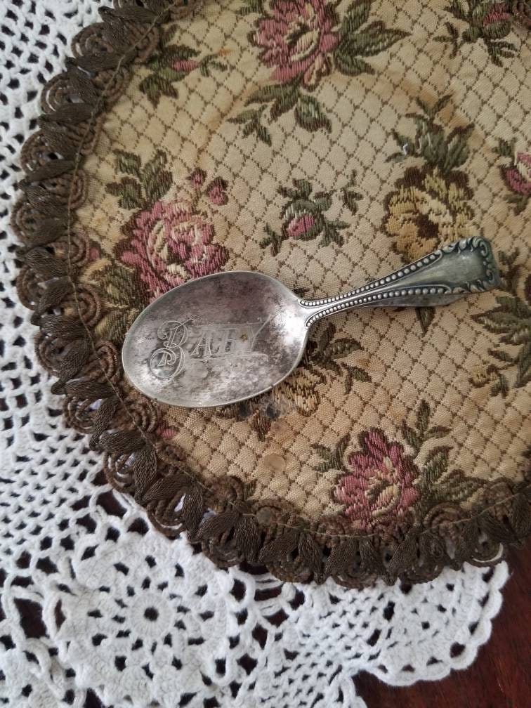 Vintage baby spoon, silver plate engraved patina infant toddler child loop curved handle shower gift birthday baby announcement keepsake