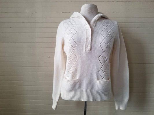 Vintage sweater, Jones New York white pullover hooded long sleeves knit button up pockets braided ribbed floral medium women cottagecore