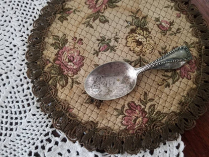 Vintage baby spoon, silver plate engraved patina infant toddler child loop curved handle shower gift birthday baby announcement keepsake