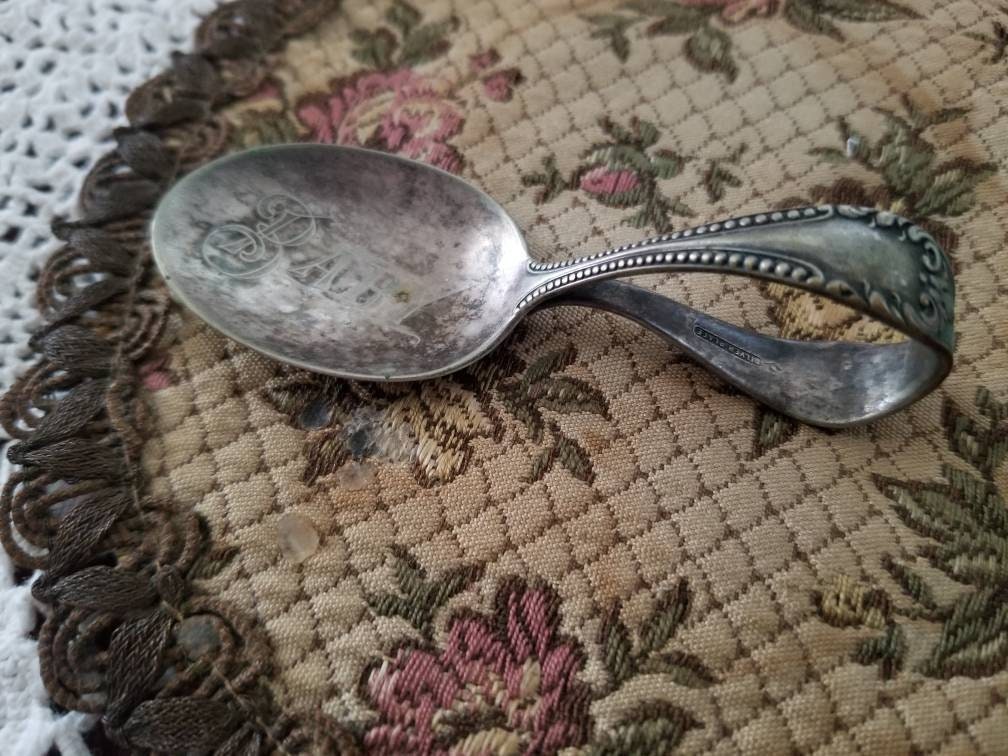 Vintage baby spoon, silver plate engraved patina infant toddler child loop curved handle shower gift birthday baby announcement keepsake