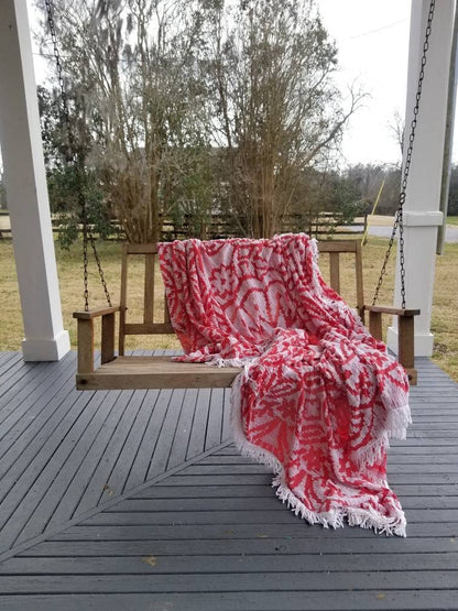 Vintage chenille, blanket bedspread coverlet red white thin fringe full double queen cottage country farmhouse shabby granny grandmillenial