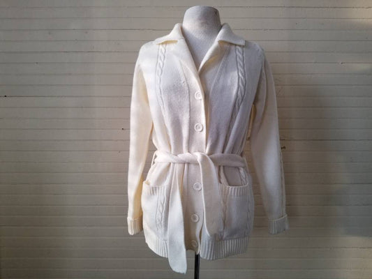 Vintage cardigan, Duet small gender neutral 70s button up long sleeves white collar pockets tie sash braided ribbed acrylic knit sweater