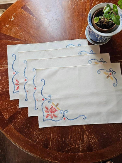 Vintage placemats, set of 4 rectangle handmade cross stitch embroidered 70s blue red floral MCM table linens place setting granny chic