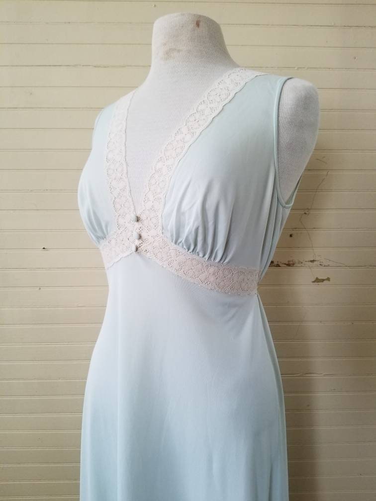 Vintage peignoir set, Gaymode small nightgown robe matching lingerie mint green lace boudoir long maxi ankle length plunge v neck side ties