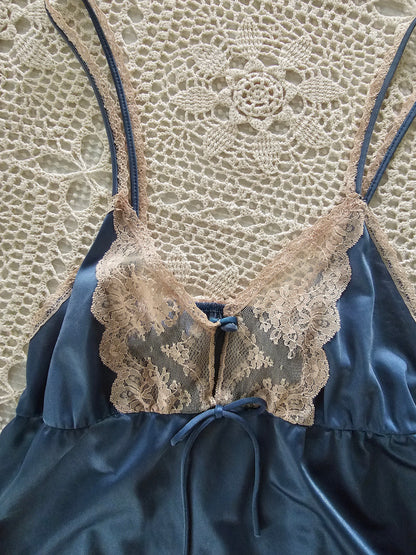 Vintage lingerie set, Texsheen small blue 70s spaghetti strap babydoll camisole top panties lace sexy honeymoon newlywed sheer split plunge