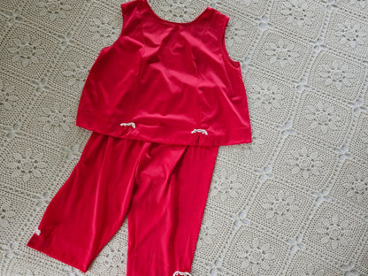 Vintage pajama set, Sans Sauci 36 two piece top pants loungewear red sleeveless capri length small medium lingerie nylon Chinese frog bow