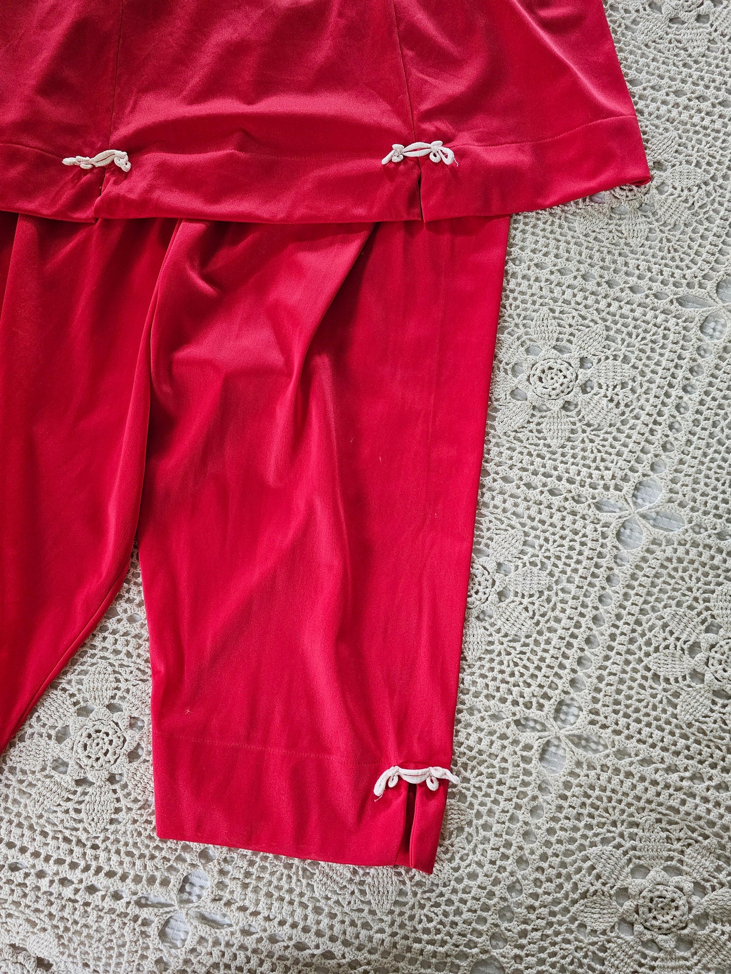 Vintage pajama set, Sans Sauci 36 two piece top pants loungewear red sleeveless capri length small medium lingerie nylon Chinese frog bow