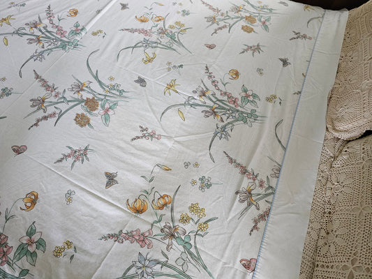 SALE Vintage sheets, JC Penney set of 2 floral wildflowers butterflies full size fitted flat 70s shabby granny chic cottagecore white blue green