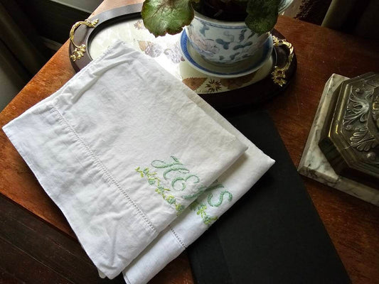 SALE Vintage pillowcases, set of 2 his hers pair newlyweds gift green embroidered floral cottagecore country farmhouse shabby granny handmade