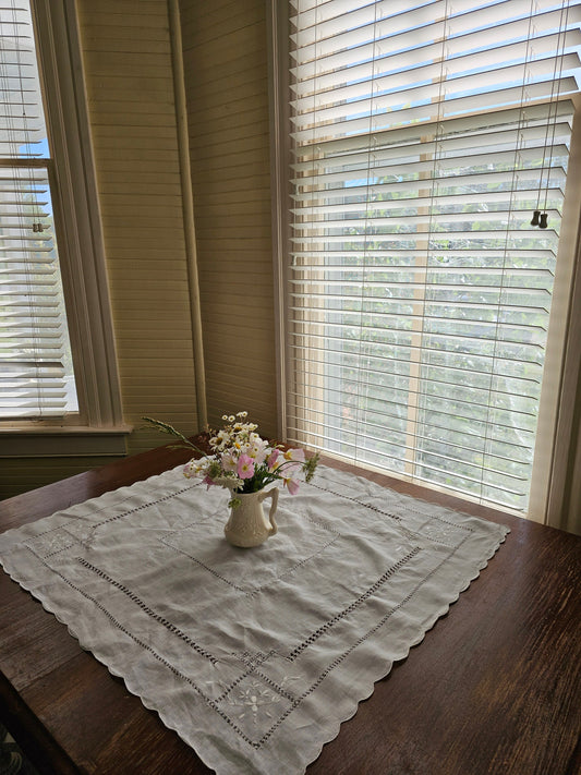 Vintage tablecloth, small square topper handmade embroidered floral white scallop cottagecore Victorian granny shabby chic country farmhouse