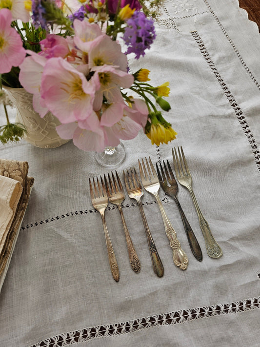 Vintage silverware, 6 pieces forks patina silver plated floral flatware lot set mixed patterns shabby granny chic mismatched Victorian