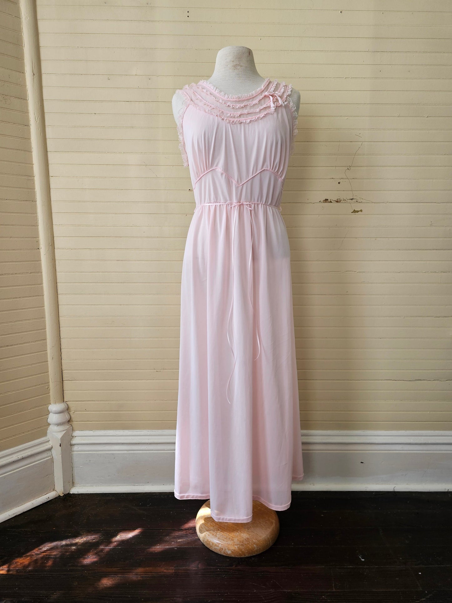 Vintage nightgown, Michelene 40 pink long ankle length peignoir sleeveless sheer lace ribbon nylon dreamy romantic lingerie feminine