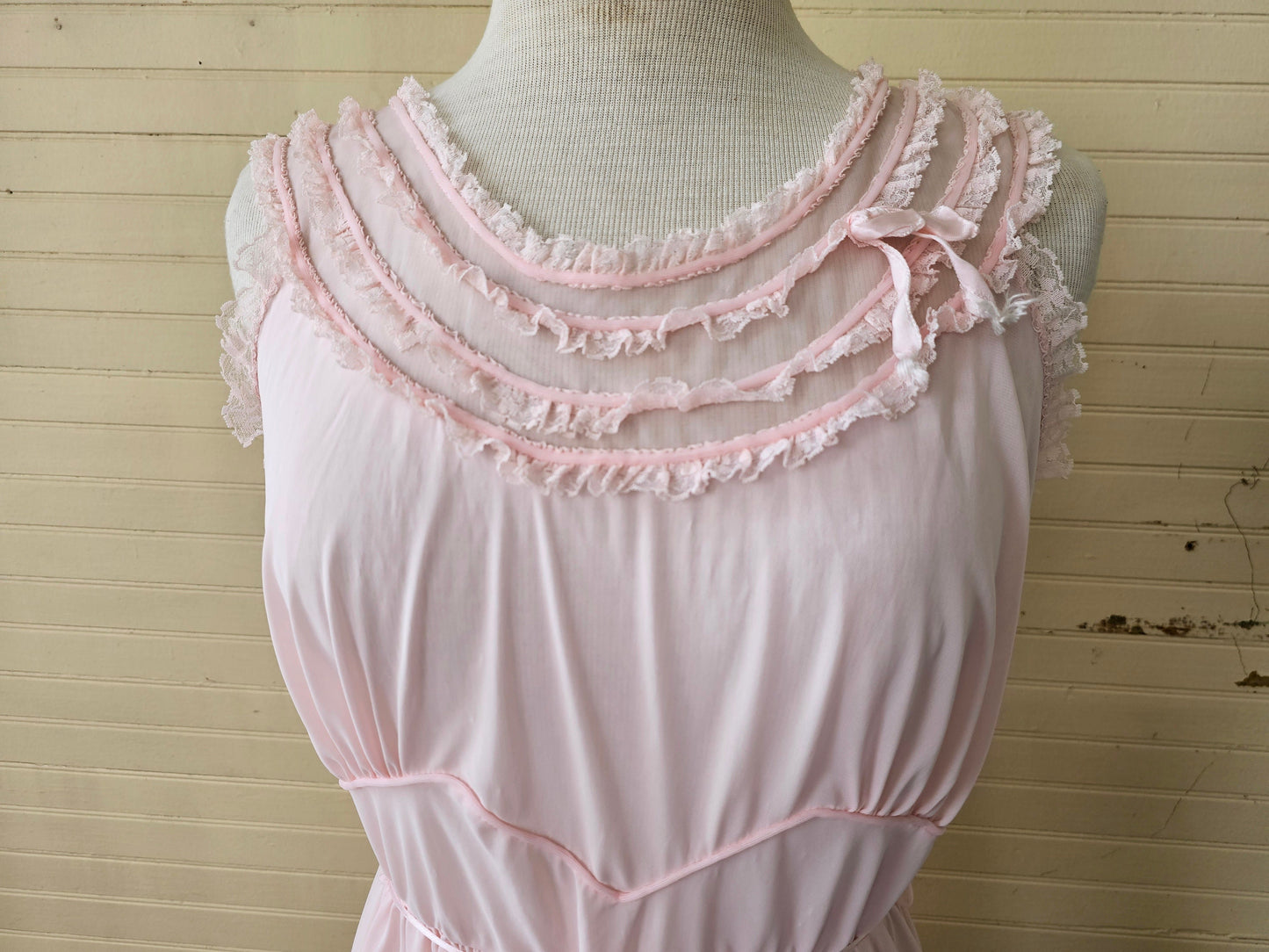 Vintage nightgown, Michelene 40 pink long ankle length peignoir sleeveless sheer lace ribbon nylon dreamy romantic lingerie feminine