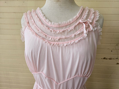 Vintage nightgown, Michelene 40 pink long ankle length peignoir sleeveless sheer lace ribbon nylon dreamy romantic lingerie feminine