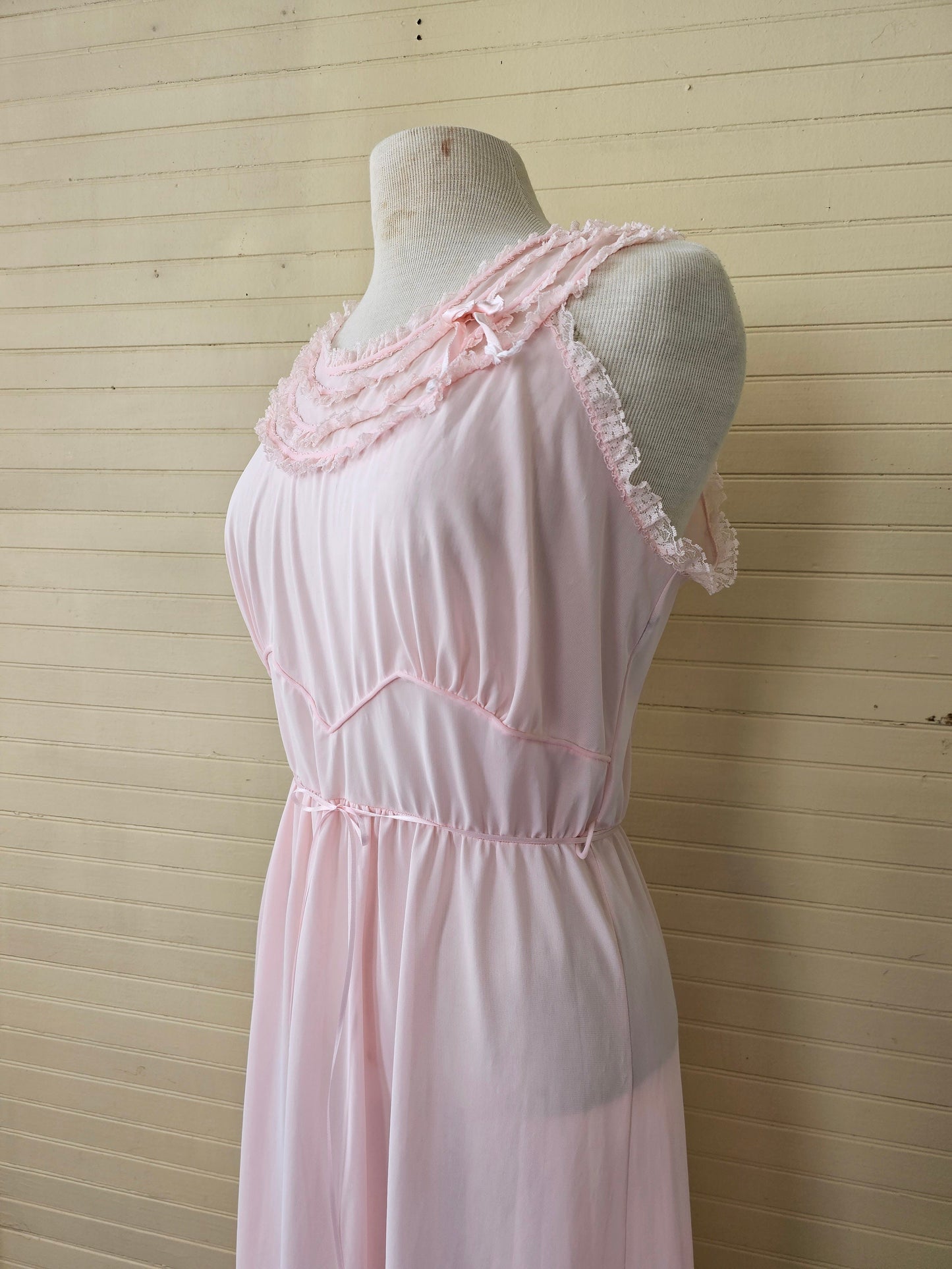 Vintage nightgown, Michelene 40 pink long ankle length peignoir sleeveless sheer lace ribbon nylon dreamy romantic lingerie feminine