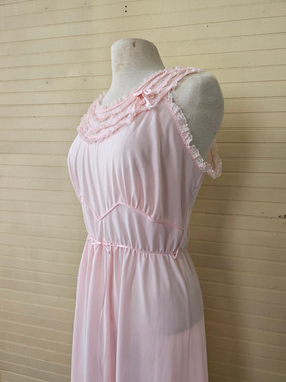 Vintage nightgown, Michelene 40 pink long ankle length peignoir sleeveless sheer lace ribbon nylon dreamy romantic lingerie feminine