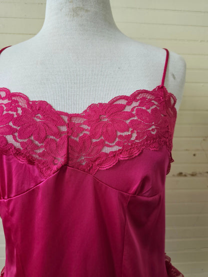 Vintage teddy lingerie, MW Juliara large hot pink fuchsia spaghetti straps lace floral crotch snaps boudoir pinup honeymoon romper bodysuit