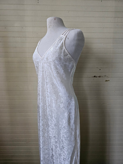 Vintage nightgown, California Dynasty small off white floral brocade sleeveless ankle length peignoir 80s fancy v neck side slits nightie